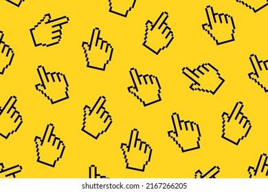 Icono de clic de la mano del píxel negro aislado en fondo amarillo. Símbolo del dedo del navegador del vector. Ilustración del cursor del ratón. Cursor de equipo antiguo. Signo web. Diseño lineal del navegador. clic en Internet