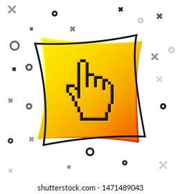 Black Pixel hand cursor icon isolated on white background. Pointer hand cursor. Yellow square button. Vector Illustration