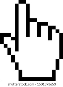 Black Pixel hand cursor icon isolated on white background. Pointer hand cursor.  Vector Illustration