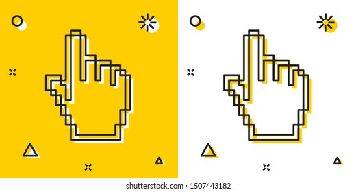 Black Pixel hand cursor icon isolated on yellow and white background. Pointer hand cursor. Random dynamic shapes. Vector Illustration