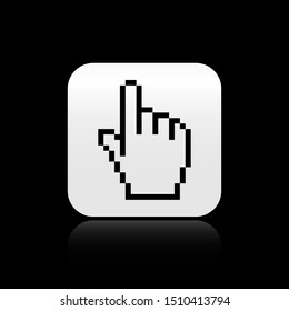 Black Pixel hand cursor icon isolated on black background. Pointer hand cursor. Silver square button. Vector Illustration