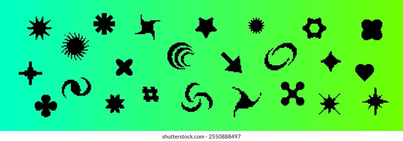 Black pixel icon set featuring retro Y2K elements like arrows, stars, and abstract swirls, perfect for capturing 90s digital vibes and retrowave aesthetics.