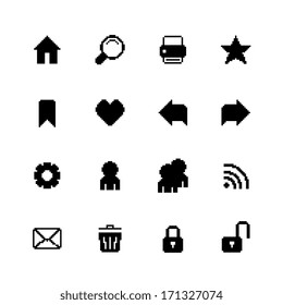 Black pixel icons set for navigation of back forward security preferences isolated vector illustration