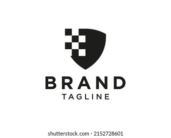 Black Pixel Shield Security Logo isolated on white background. Vector Illustration

