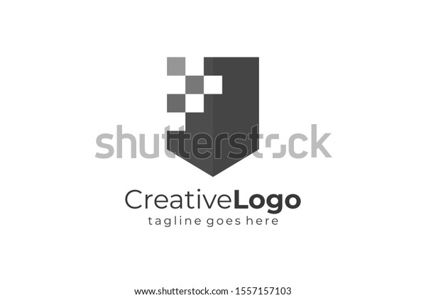 Black Pixel Shield Security Logo isolated on\
white background. Vector\
Illustration