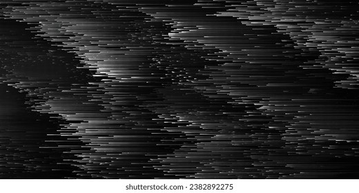 Black pixel sorting glitch style background. Pixelated black noisy background. Video distortion effect. Dark VHS retro pixel art texture with flickering horizontal lines. Vector background