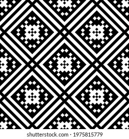 Black pixel squares and rhombuses isolated on white background. Monochrome geometric tiled seamless pattern. Vector simple flat graphic illustration. Texture.