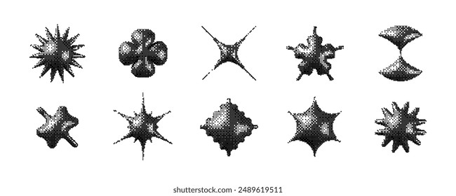 Black pixelated 3d Y2K shape set. Bitmap stars, flowers, sparkles element collection. Retro 8 bit sticker form bundle for poster, banner, collage, graphic design. Vector dither geometric object pack