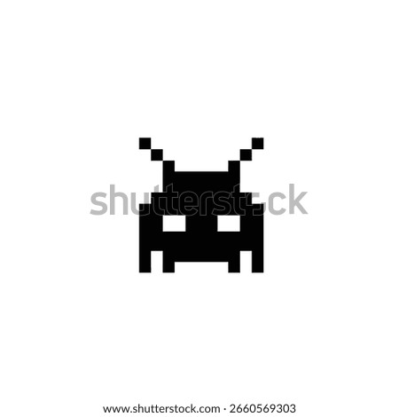 A black pixelated alien invader icon with antennae and two square eyes on a white background.