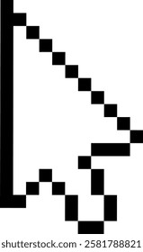 Black pixelated arrow cursor pointing diagonally upwards against a clean white background, symbolizing a classic element of computer interfaces and digital navigation