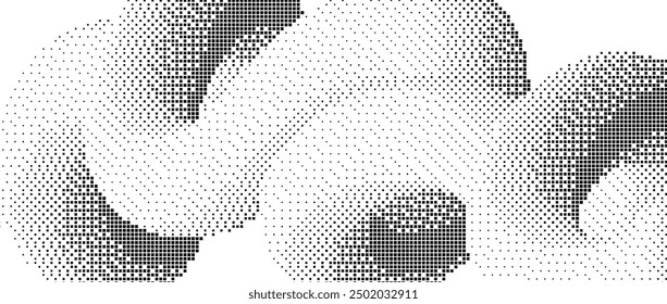 Black pixelated gradient undulate shape. Dotted dither texture background. Fluid curvy form for banner, poster, leaflet, brochure. Abstract rasterized squiggle overlay wallpaper. Vector comic backdrop