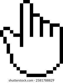 Black pixelated hand cursor is pointing with index finger on a white background, representing a simple action of selecting or choosing something in a digital environment