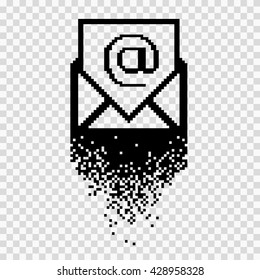 Black pixelated image of email sign in envelope falling away at the bottom against a white background