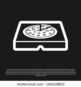 Black Pizza in cardboard box icon isolated on black background. Box with layout elements. Vector Illustration
