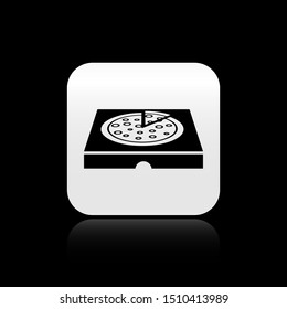 Black Pizza in cardboard box icon isolated on black background. Box with layout elements. Silver square button. Vector Illustration