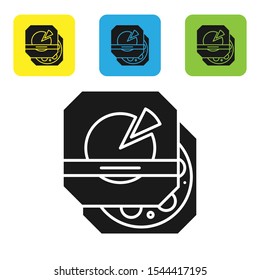 Black Pizza in cardboard box icon isolated on white background. Box with layout elements. Set of colorful square icon buttons. Vector Illustration