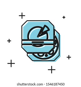 Black Pizza in cardboard box icon isolated on white background. Box with layout elements.  Vector Illustration