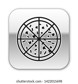 Black Pizza icon isolated on white background. Silver square button. Vector Illustration