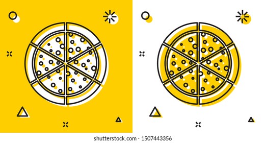 Black Pizza icon isolated on yellow and white background. Random dynamic shapes. Vector Illustration