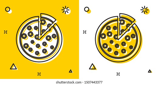 Black Pizza icon isolated on yellow and white background. Random dynamic shapes. Vector Illustration