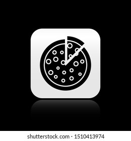 Black Pizza icon isolated on black background. Silver square button. Vector Illustration