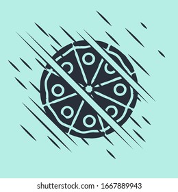 Black Pizza icon isolated on green background. Fast food menu. Glitch style. Vector Illustration