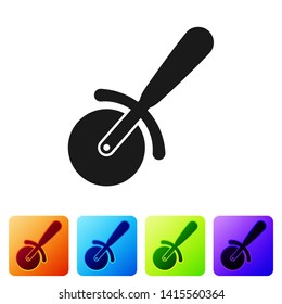 Black Pizza knife icon isolated on white background. Pizza cutter sign. Steel kitchenware equipment. Set icon in color square buttons. Vector Illustration