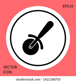 Black Pizza knife icon isolated on red background. Pizza cutter sign. Steel kitchenware equipment. White circle button. Vector Illustration