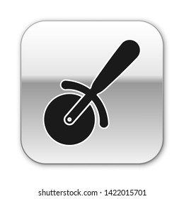 Black Pizza knife icon isolated on white background. Pizza cutter sign. Steel kitchenware equipment. Silver square button. Vector Illustration