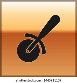 Black Pizza knife icon isolated on gold background. Pizza cutter sign. Steel kitchenware equipment. Vector Illustration