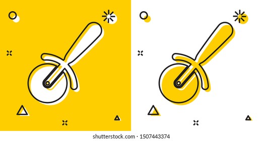 Black Pizza knife icon isolated on yellow and white background. Pizza cutter sign. Steel kitchenware equipment. Random dynamic shapes. Vector Illustration