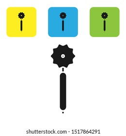 Black Pizza knife icon isolated on white background. Pizza cutter sign. Steel kitchenware equipment. Set icons colorful square buttons. Vector Illustration