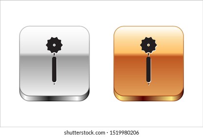 Black Pizza knife icon isolated on white background. Pizza cutter sign. Steel kitchenware equipment. Silver-gold square button. Vector Illustration