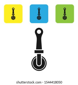 Black Pizza knife icon isolated on white background. Pizza cutter sign. Steel kitchenware equipment. Set icons colorful square buttons. Vector Illustration