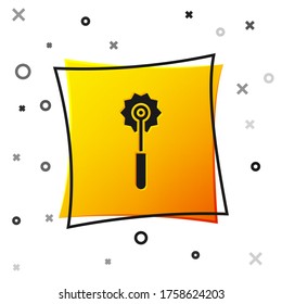 Black Pizza knife icon isolated on white background. Pizza cutter sign. Steel kitchenware equipment. Yellow square button. Vector Illustration
