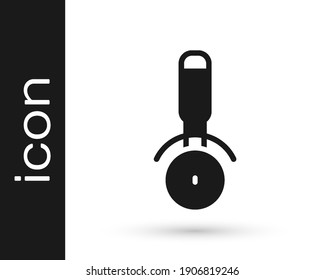 Black Pizza knife icon isolated on white background. Pizza cutter sign. Steel kitchenware equipment.  Vector