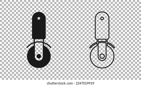 Black Pizza knife icon isolated on transparent background. Pizza cutter sign. Steel kitchenware equipment.  Vector