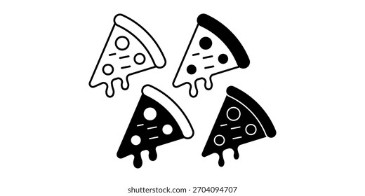A black pizza slice icon bundle symbolizing Italian cuisine, fast meals, restaurant branding, and food app menu elements.
