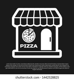 Black Pizzeria building facade icon isolated on black background. Fast food pizzeria kiosk. Vector Illustration