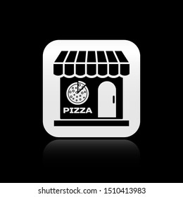 Black Pizzeria building facade icon isolated on black background. Fast food pizzeria kiosk. Silver square button. Vector Illustration