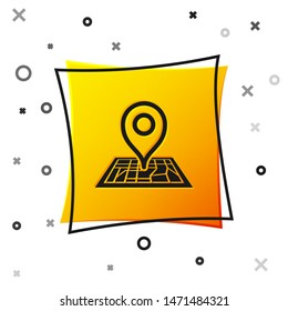 Black Placeholder on map paper in perspective icon isolated on white background. Yellow square button. Vector Illustration
