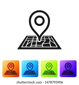 Black Placeholder on map paper in perspective icon isolated on white background. Set icons in color square buttons. Vector Illustration