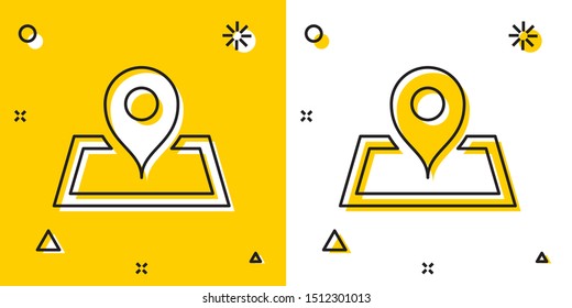 Black Placeholder on map paper in perspective icon isolated on yellow and white background. Random dynamic shapes. Vector Illustration
