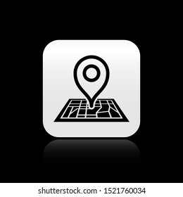Black Placeholder on map paper in perspective icon isolated on black background. Silver square button. Vector Illustration