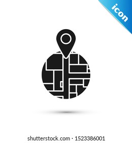 Black Placeholder on map paper in perspective icon isolated on white background.  Vector Illustration