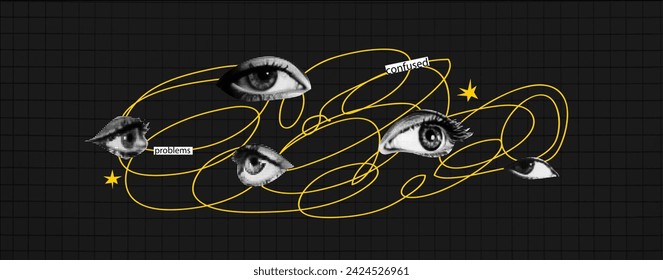 Black Plaid background with yellow tangled line and halftone effect eyes. Bright teenage concept.  Vector modern trendy illustration