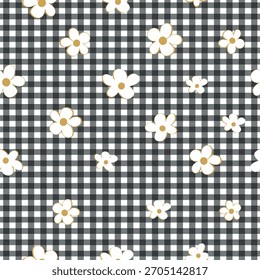 Black plaid pattern seamless fabric design pattern daisies