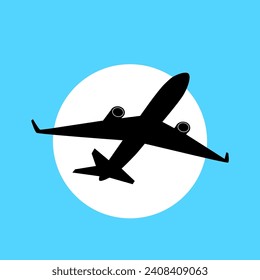 Black plane in the blue sky. Vector icon