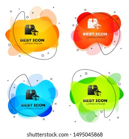 Black Plane and cardboard box icon on white background. Delivery, transportation. Cargo delivery by air. Airplane with parcels, boxes. Set abstract banner with liquid shapes. Vector Illustration