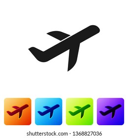 Black Plane icon isolated on white background. Flying airplane icon. Airliner sign. Set icon in color square buttons. Vector Illustration